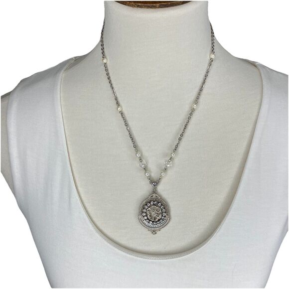 1928 Jewelry Medallion Pendant Necklace Pearls Silver Tone Victorian Revival - Picture 3 of 13